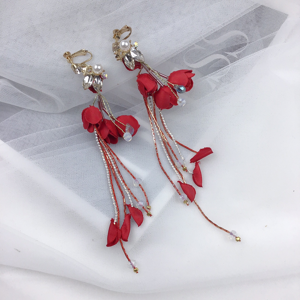 Jialan Accessories' bright red wedding dress versatile earrings with super comfortable texture satin tassel earrings