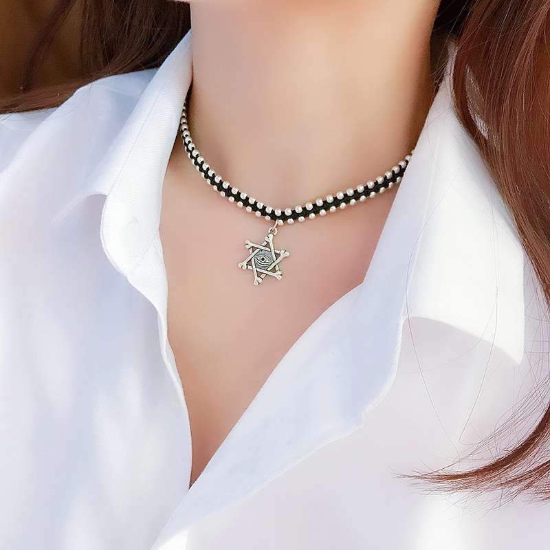 Jingpuli Accessories, Thai hand-woven solid six-pointed star elephant coldbone chain, women's retro vintage rose necklace, silver imitation accessory series Specification image