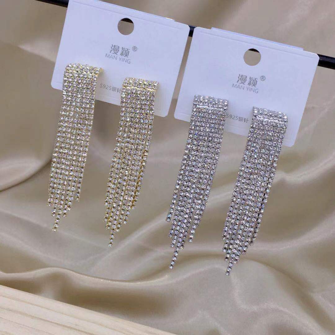 925 silver needle, Korean rhinestone earrings, tassels, catwalk, exaggerated dress, glittering earrings, accessories for women