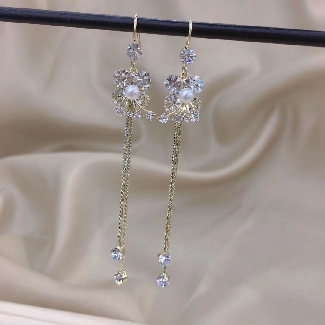 Super fairy-like flower earrings, trendy and simple long tassel earrings, elegant and unique, popular face slimming earrings