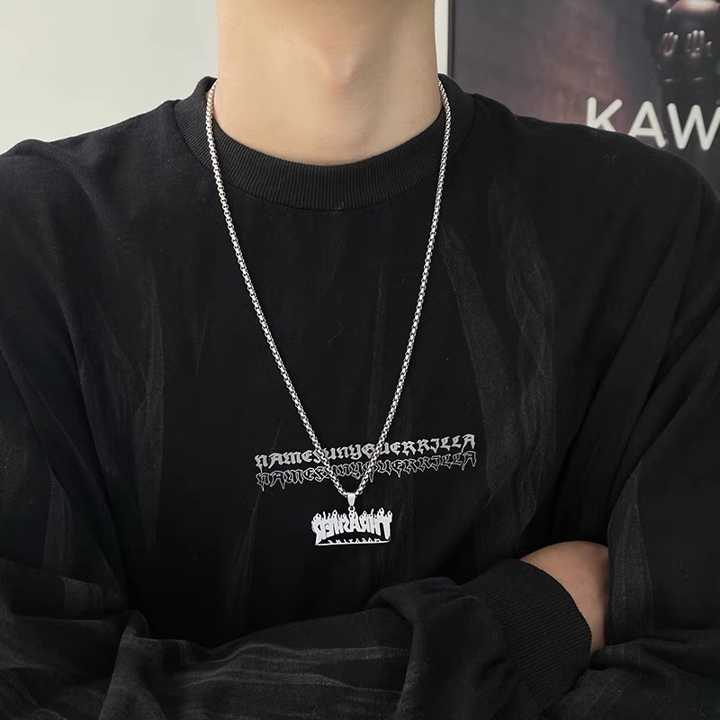嘻哈thrasher火焰淬火吊坠钛钢项链男ins潮牌小众设计卫衣链配饰