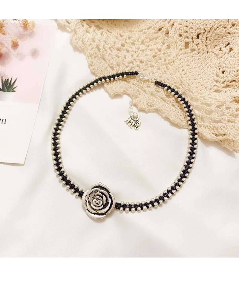 晶珀丽饰品泰国手工编织实心六芒星荷花小象锁骨链女复古做旧玫瑰花菊花项链仿银配饰品系列详情图12