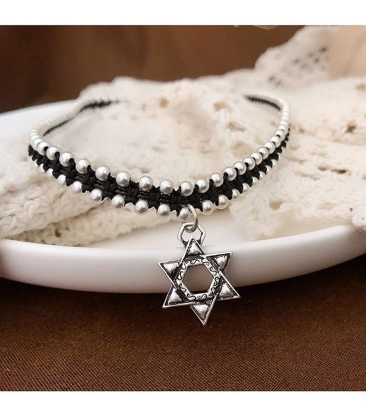 晶珀丽饰品泰国手工编织实心六芒星荷花小象锁骨链女复古做旧玫瑰花菊花项链仿银配饰品系列详情图8