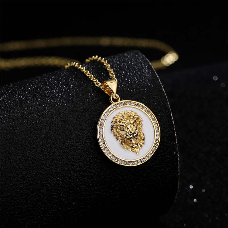 Cross-border source fashion 18K gold plated white dripping oil lion pendant necklace copper zircon jewelry