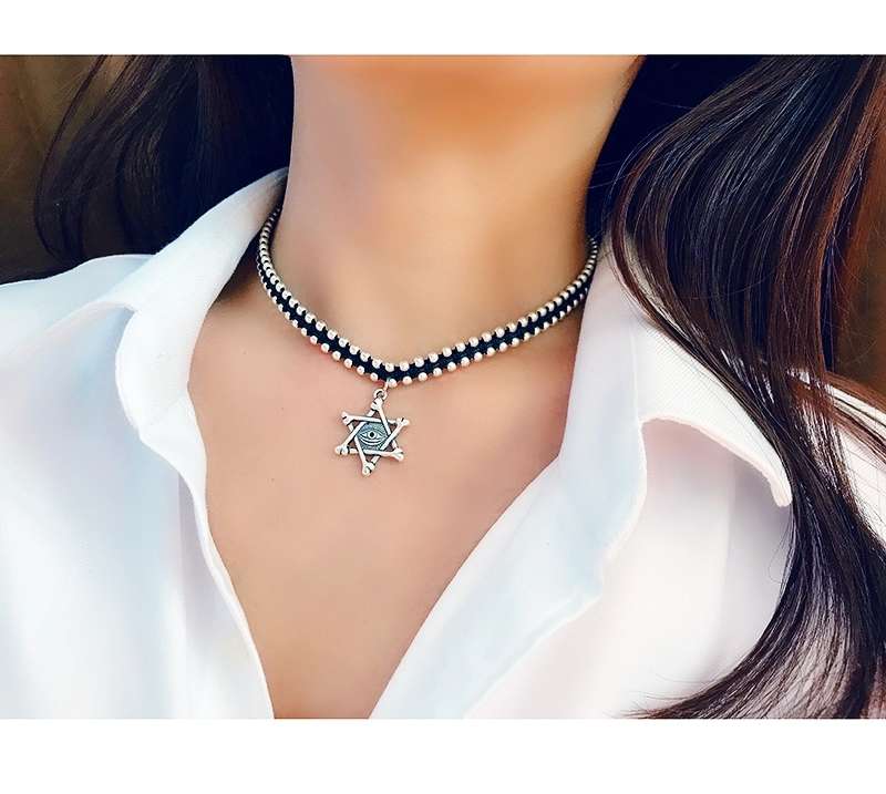 晶珀丽饰品泰国手工编织实心六芒星荷花小象锁骨链女复古做旧玫瑰花菊花项链仿银配饰品系列详情图9