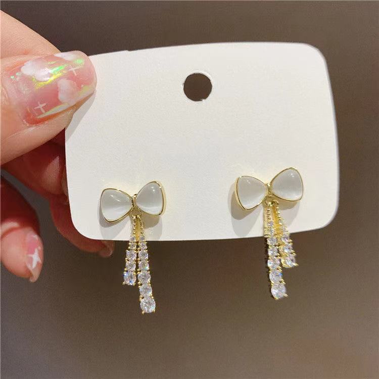 South Korea Dongdaemun bow tassel earrings female zircon opal long face shape earrings ins