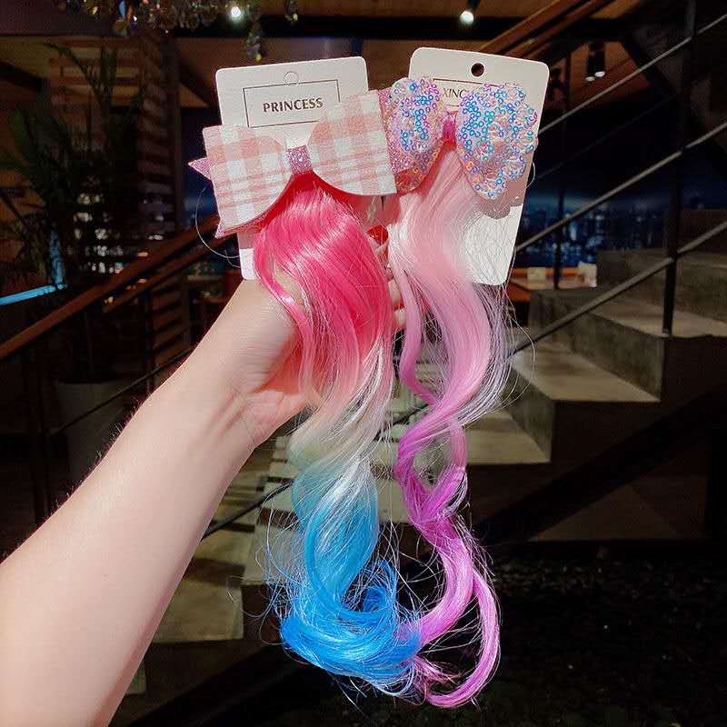 Cute rainbow wings, unicorn, five-pointed star, gauze, bow, wig, hairpin, girl, princess, trendy girl, wig with braid, hair band, headwear, children's bow, baby girl, little girl, cute wig, braid 9 Item Picture
