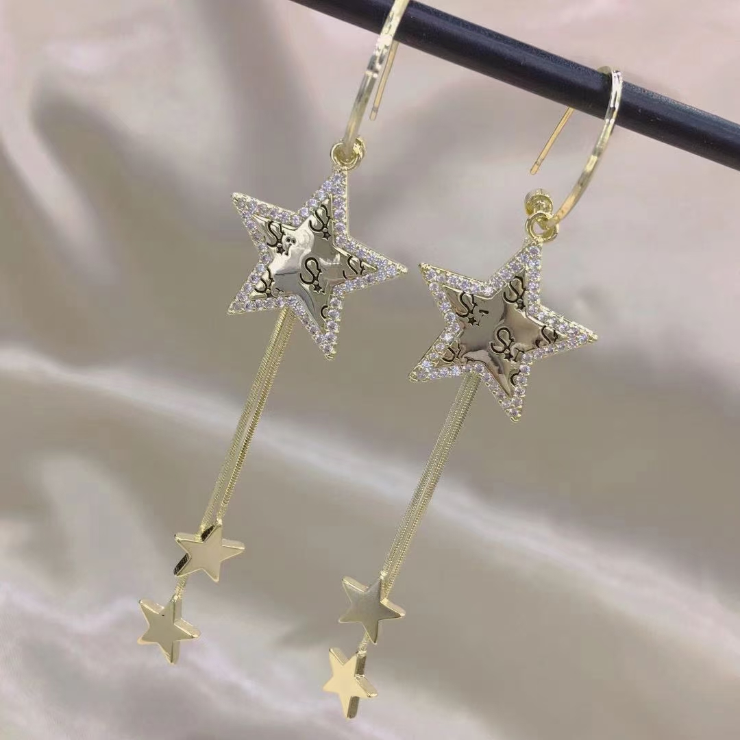 Fashionable five-star long tassel earrings, trendy silver needle stud earrings for women in Dongdaemun, South Korea