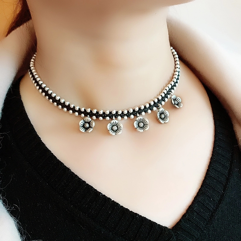 晶珀丽饰品泰国手工编织实心六芒星荷花小象锁骨链女复古做旧玫瑰花菊花项链仿银配饰品系列