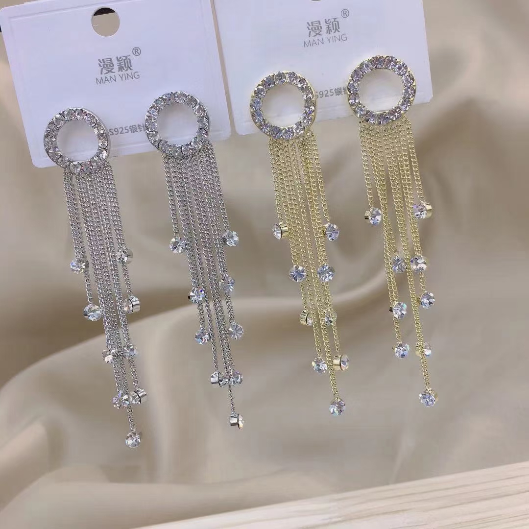Korean chic Internet celebrity perfect diamond tassel earrings, long round face slimming earrings, trendy stud earrings