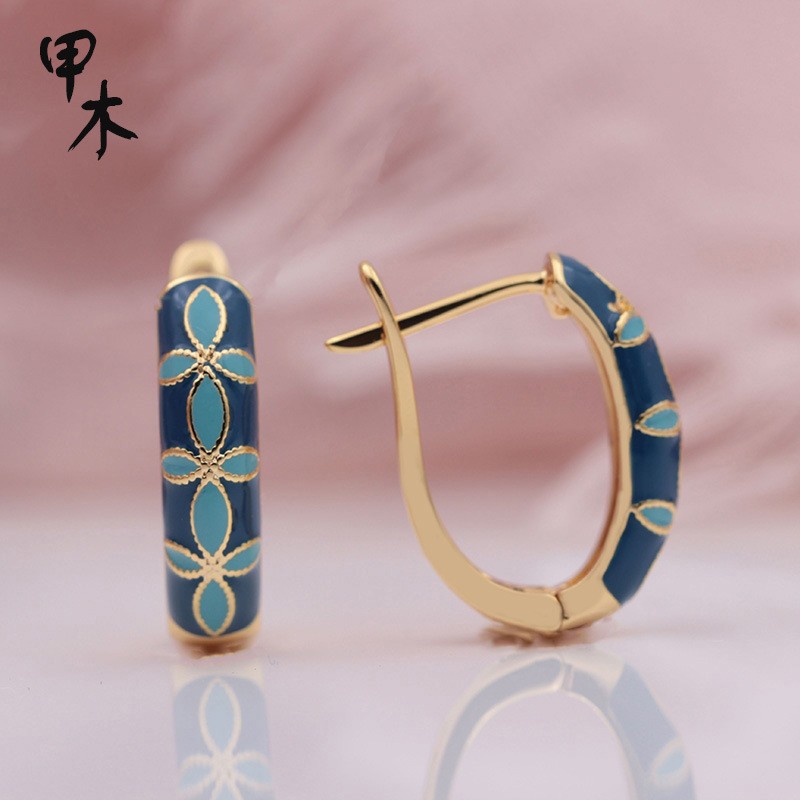 甲木热销585玫瑰金女士意大利画油画颜色不规则圆形垂坠耳环批发详情图2