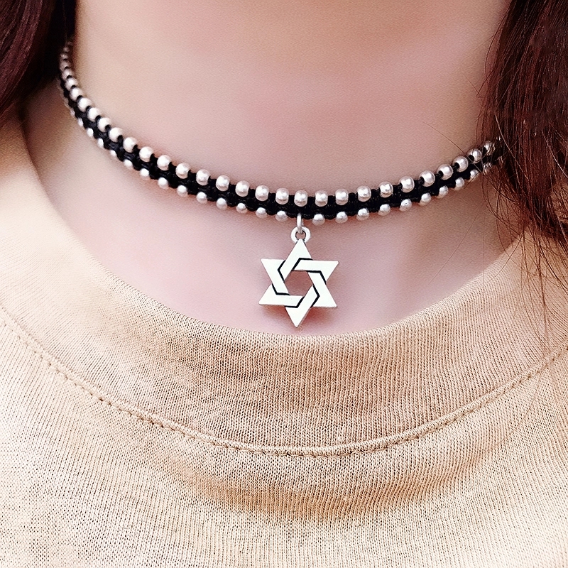 晶珀丽饰品泰国手工编织空心六芒星星小象锁骨链女复古做旧玫瑰花项链仿银配饰品系列