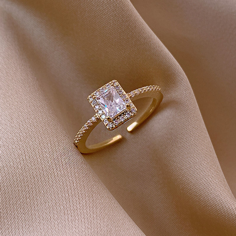 Small square ring women fashion light luxury niche design delicate opening square zircon simple temperament food ring lady