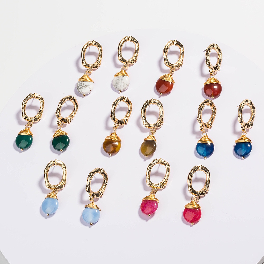 Colorful natural stone metal earrings, retro trend.