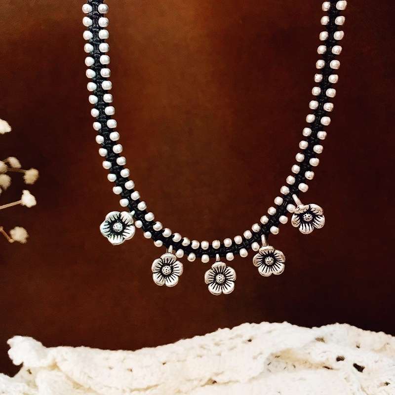 晶珀丽饰品泰国手工编织实心六芒星荷花小象锁骨链女复古做旧玫瑰花菊花项链仿银配饰品系列详情图6