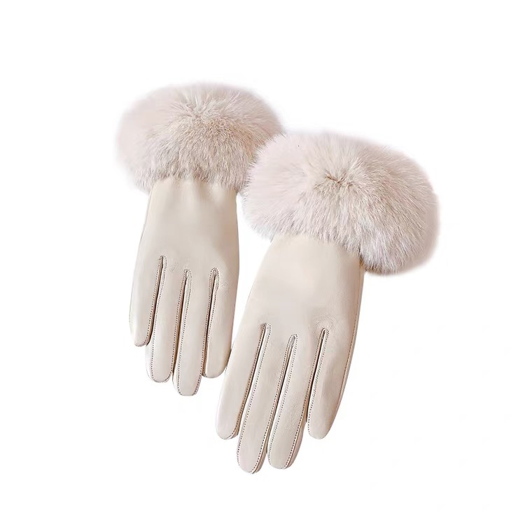 Simulation leather gloves female winter lovely real rabbit hair and wool thickened warm windproof touch screen drive thin bike ride