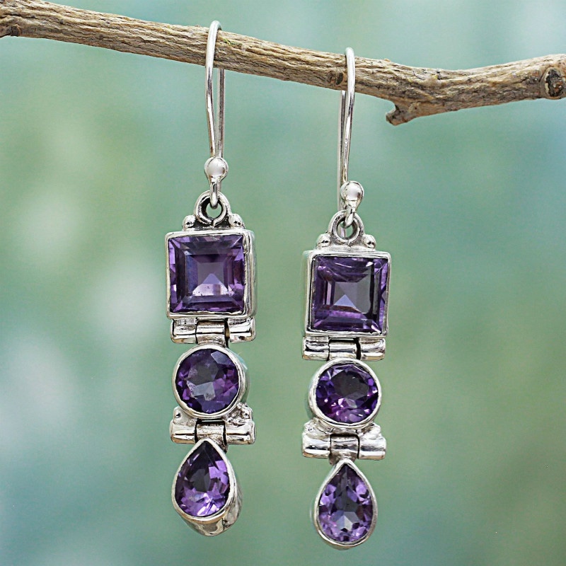 Geometric shape purple glass retro ear hook, ethnic style.