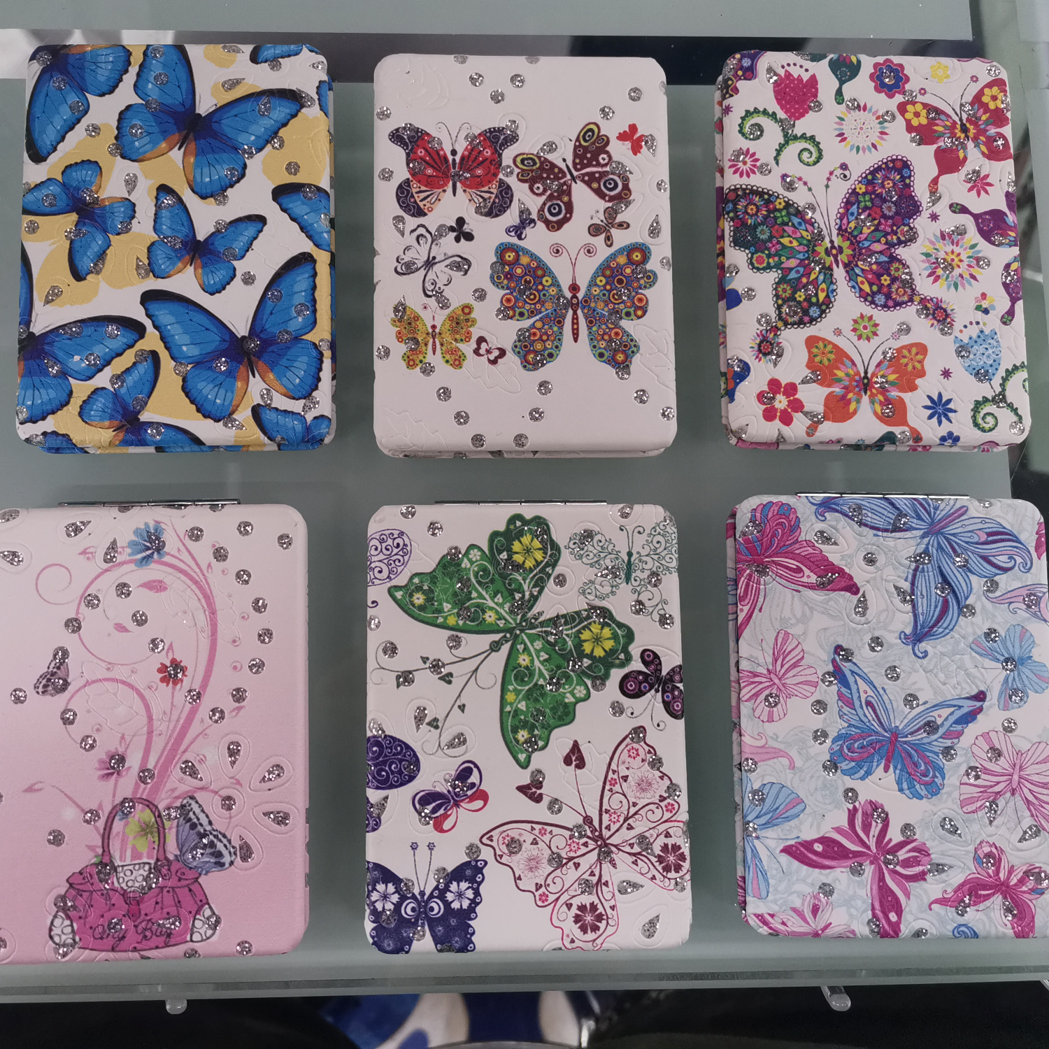 方形蝴蝶钻粉双面印花化妆镜