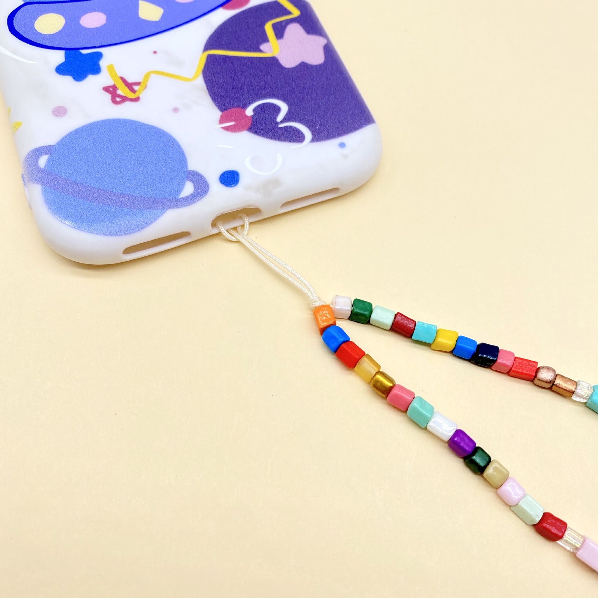 Korean fashion mobile phone chain decorated with colorful rice beads square pearl chain spring and summer with mobile phone rope