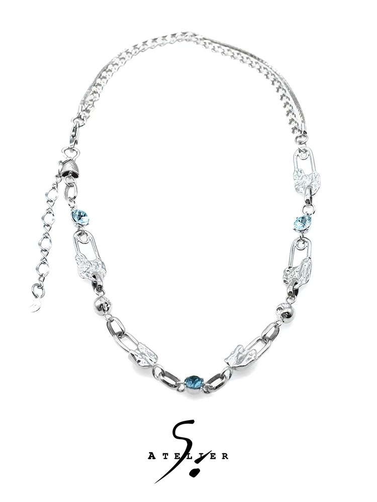 ATELIERSO Pin Series Multi-pin misty blue crystal necklace, original design, high-end texture splicing detail image 5