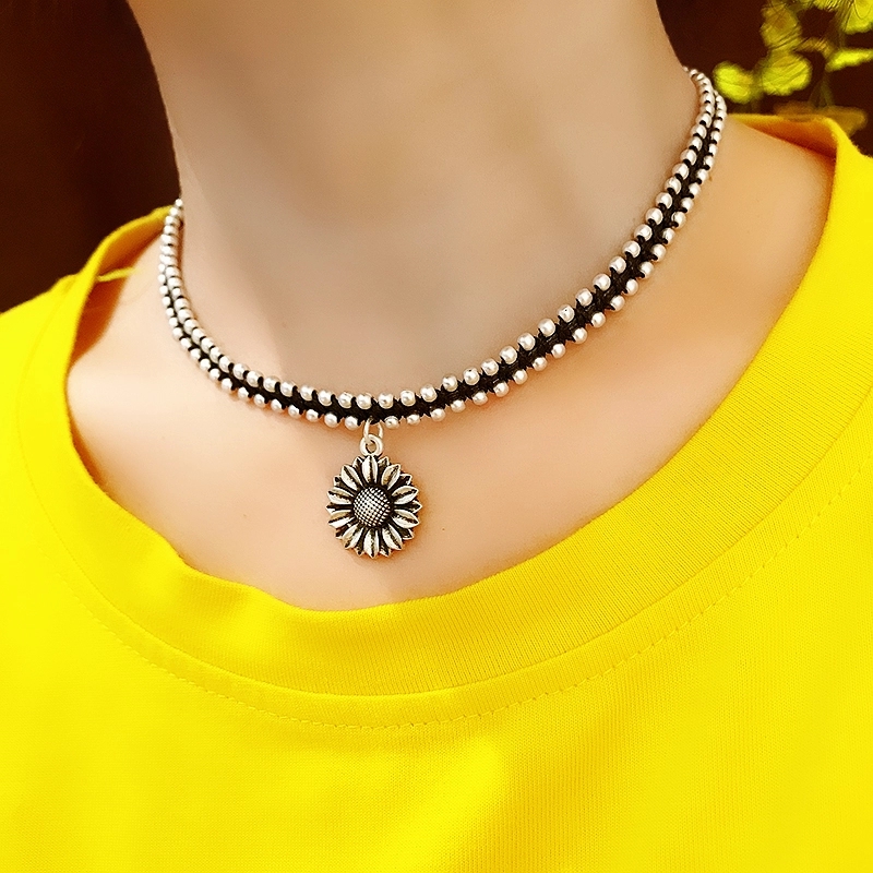 晶珀丽饰品泰国手工编织实心六芒星星小象锁骨链女复古做旧玫瑰花菊花项链仿银配饰品系列