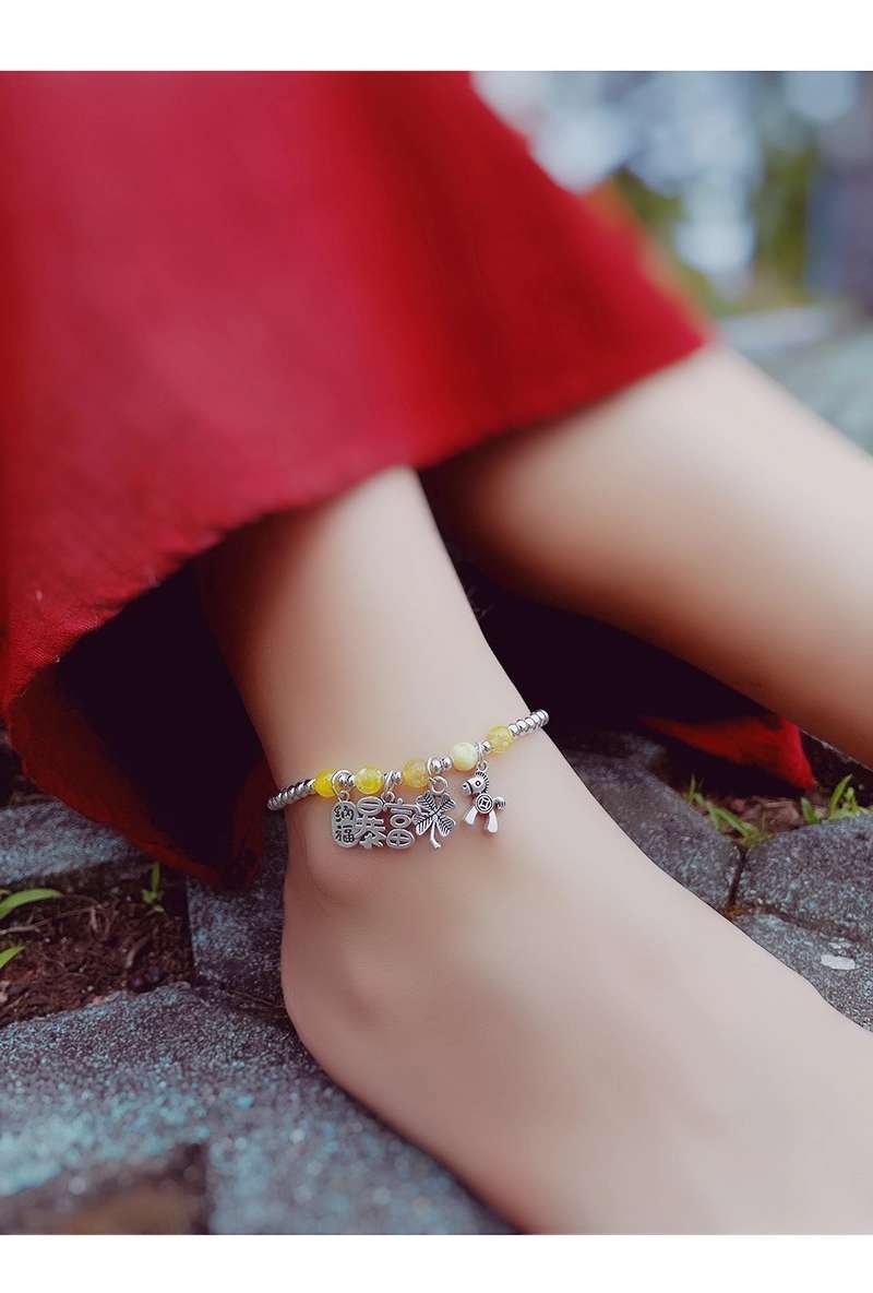 Jingpuli jewelry Red agate amber Korean elastic thread Auspicious and lucky silver ankle chain Item Picture