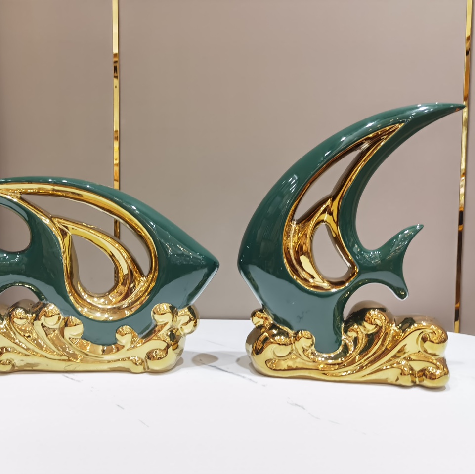 鱼工艺品 玄关柜子桌子摆件 花瓶金色电镀花瓶结婚礼物陶瓷工艺品客厅装饰开业软装家居奢华时尚创意花器仿真花家居装金堡花瓶