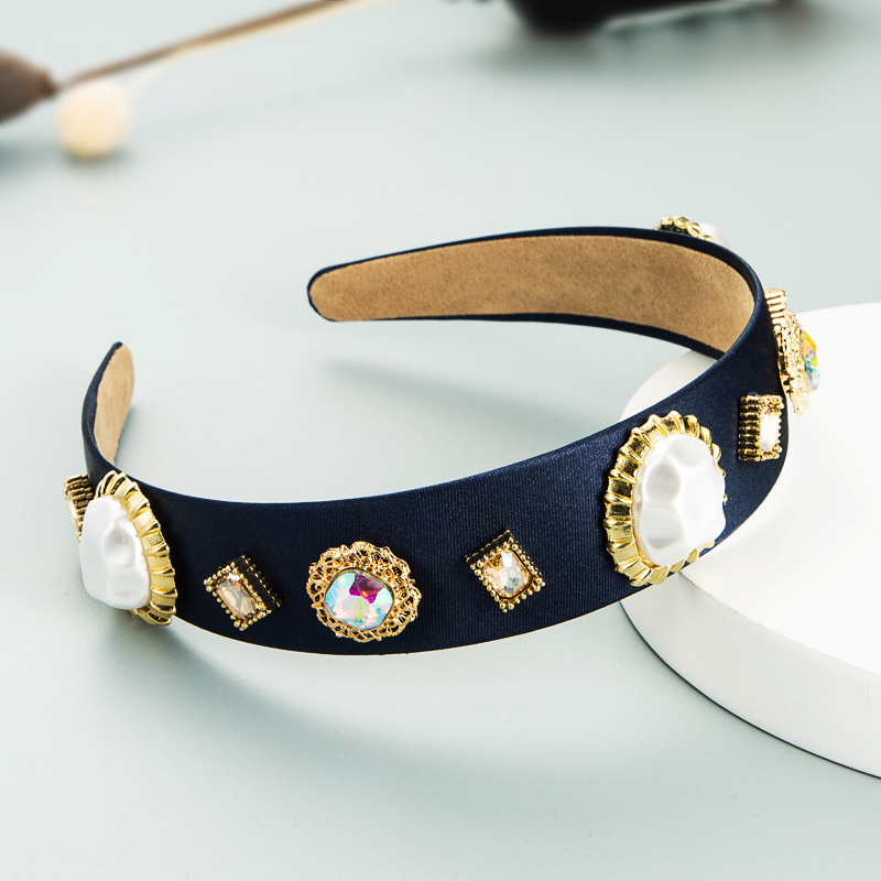 European-style geometric pearl-like alloy wide-edge headband inlaid with rhinestones details Picture