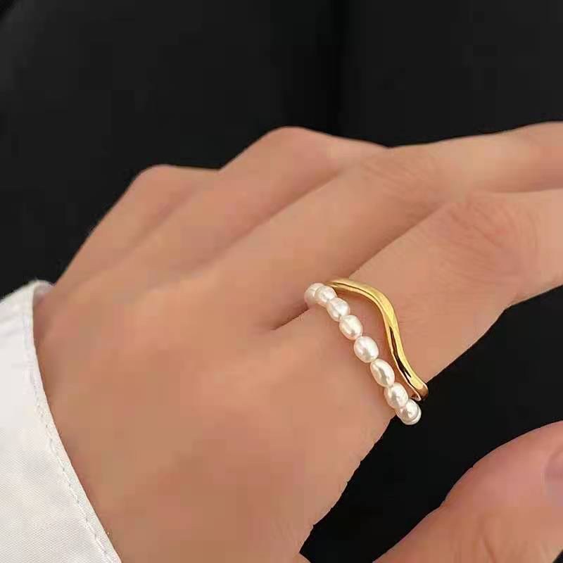 Stylish layering, exquisite double-layer natural pearl ring with color retention, trendy and fashionable open ring on Instagram detail image 2