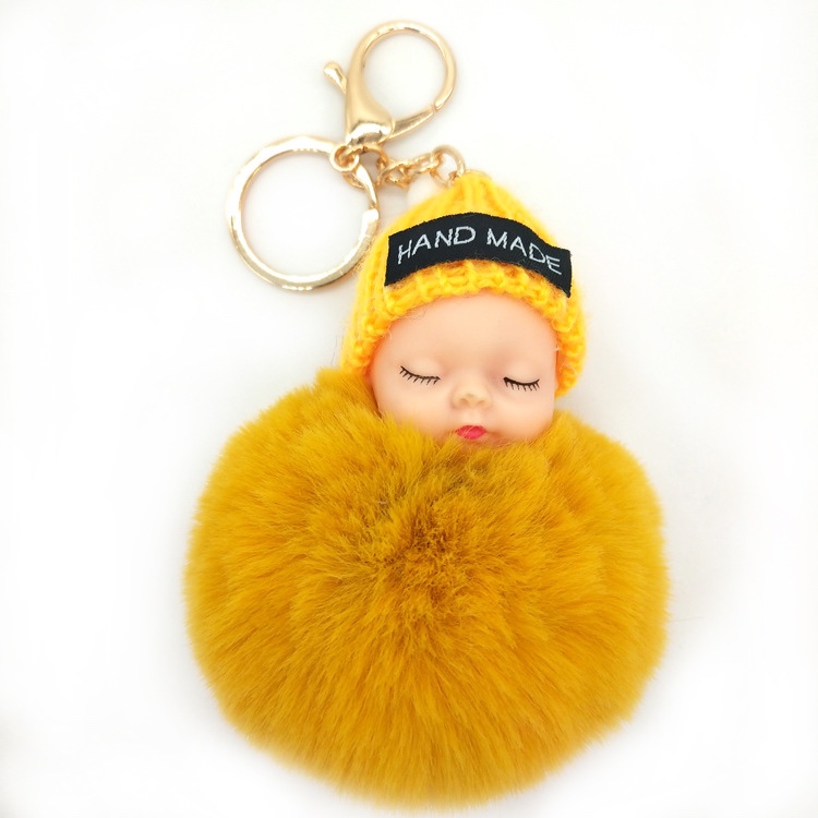 菊色可爱睡娃毛球钥匙扣挂件
