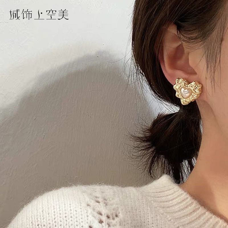 s925银复古巴洛克金爱心珍珠耳钉耳环耳饰