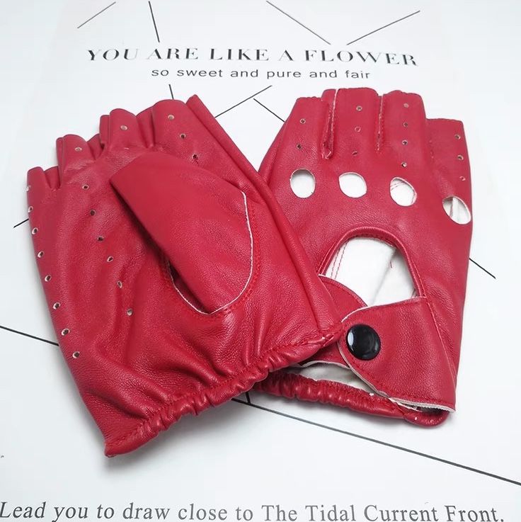 jk Goth punk black open half finger hollow women Spring summer single layer thin photo show leather gloves