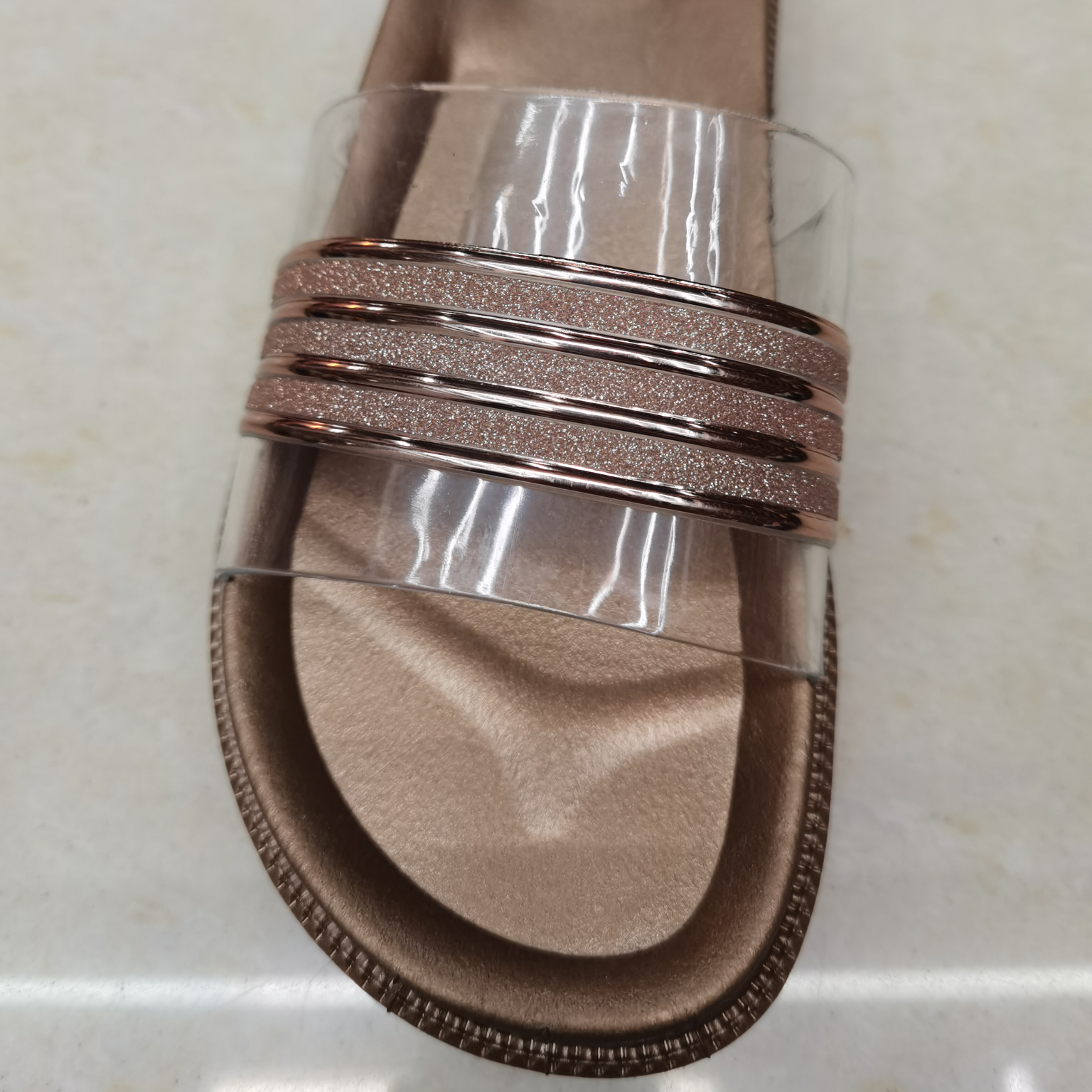 Transparent electroplated strips for women's slippers
