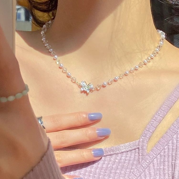 40 Butterfly Super Fairy Necklace Pearl Butterfly lock niche design feeling sweet collarbone chain choker thumbnail