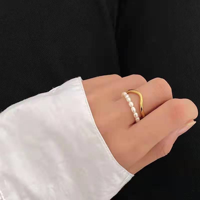 Stylish layering, exquisite double-layer natural pearl ring with color retention, trendy and fashionable open ring on Instagram detail image 3