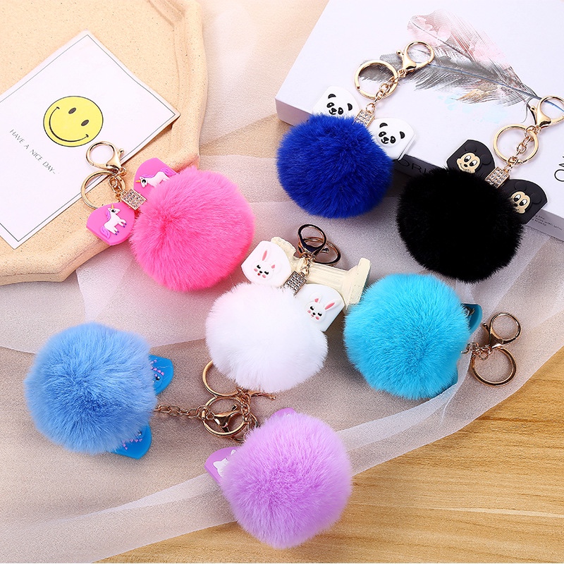 可爱卡通小动物蝴蝶结毛绒钥匙扣獭兔毛球包包挂件厂家直营可批发