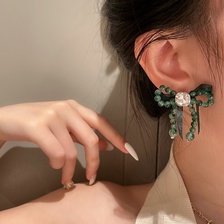 925银针韩国小众设计感耳环锆石水晶墨绿色丝带耳坠蝴蝶结耳饰女