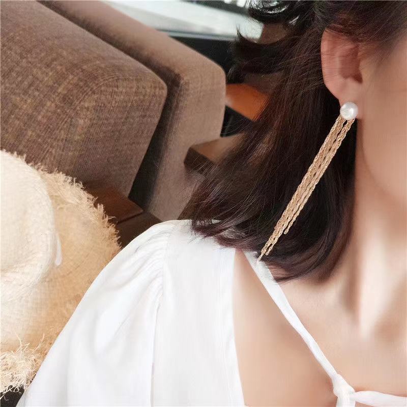 韩版耳环女925银针珍珠复古流苏耳钉简约气质长款高级感耳饰耳坠