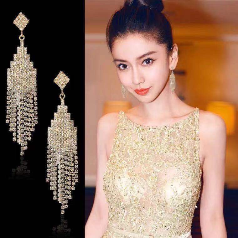 Women's long S925 silver needle diamond super flash rhinestone fringe exaggerated light luxury style Libel shadow earrings