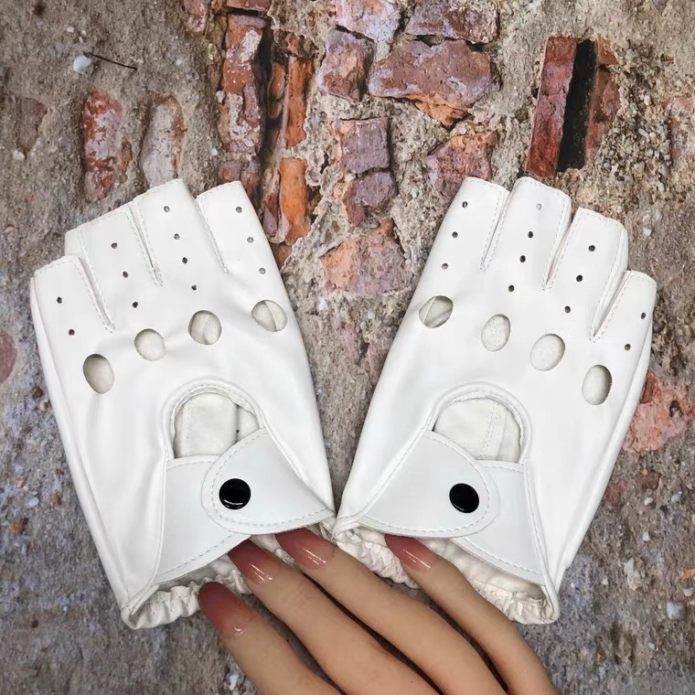 Gothic punk black open half finger hollowed out women's spring summer single thin five-finger performance leather gloves