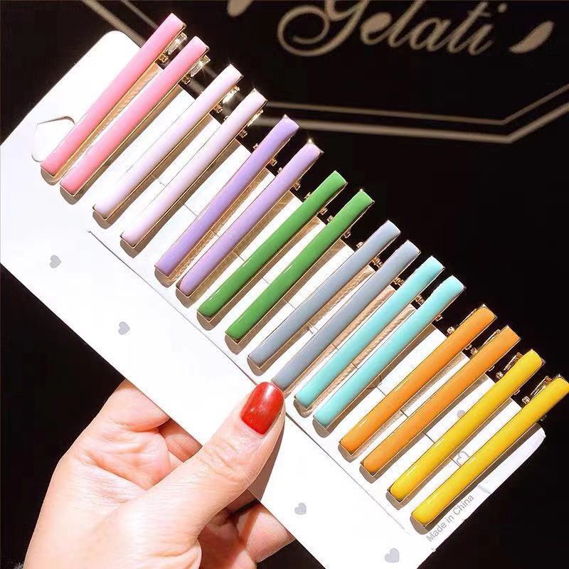 新款简约一字夹鸭嘴夹彩色滴油滴油发卡刘海夹少女心糖果色边夹 电镀金色