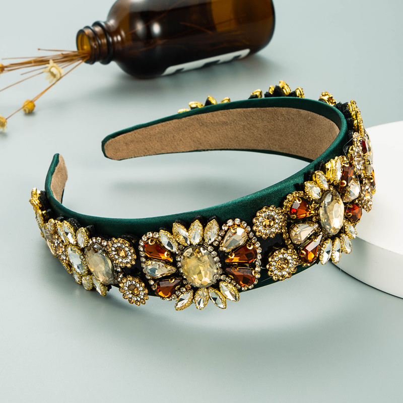 European and American fashion retro heavy industry alloy flower glass diamond hair band full figure
