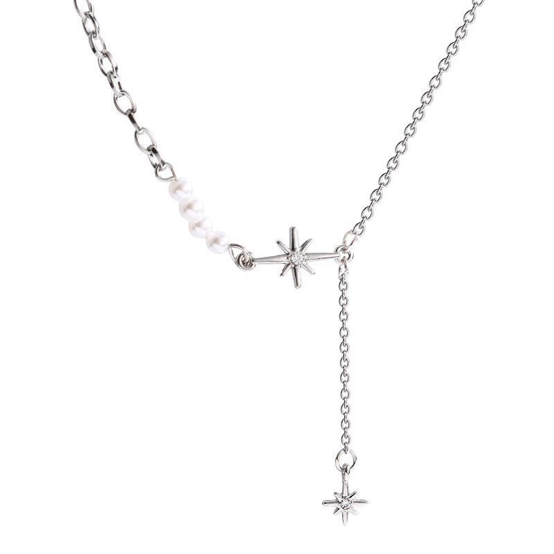 37 Europe and the United States temperament personality pearl necklace female cold wind all the trend of six stars pendant small simple collarbone chain thumbnail