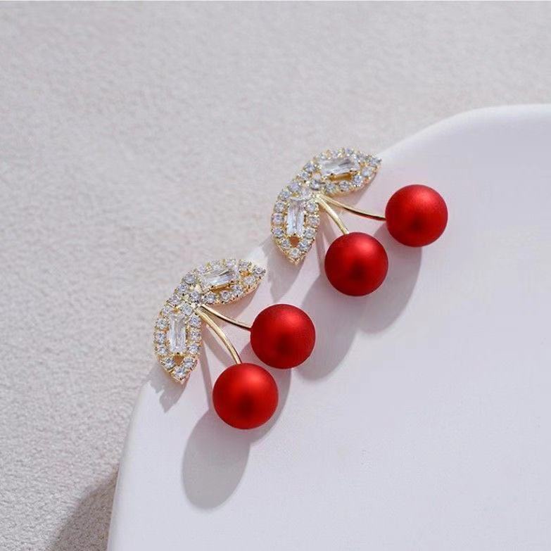 High sense big red cherry earrings niche design Red frosted beads cherry earrings 2020 new