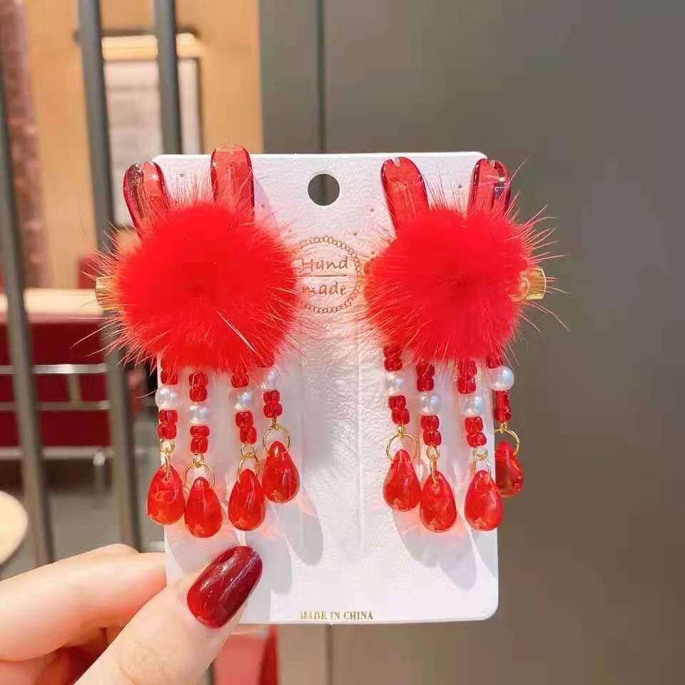 Red Rabbit Beaded Little Girl Cute Antique Fringe Hairball Rabbit Ears Hair Clip Children Hanfu Headwear Hair Card Hairpin Hairpin Headwear Aushanie 061 Discount Direct Supply full figure
