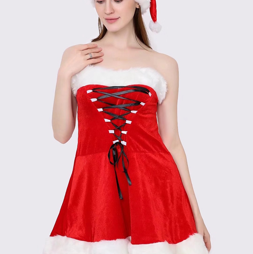 【批发】圣诞女裙披肩金丝绒圣诞女装裙丝带修身连衣裙女郎腰带帽子