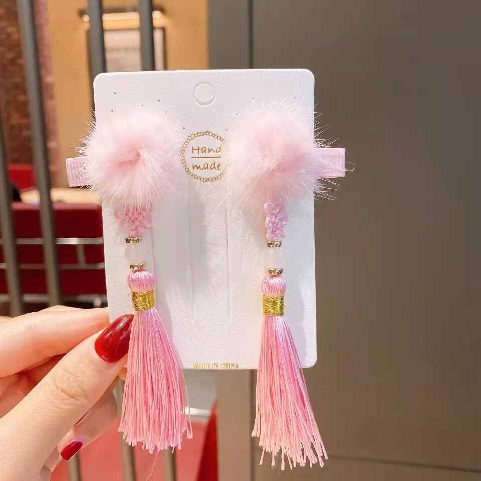 Little Red Hair Ball Chinese Knot Little Girl Cute Antique Fringe Hairball Rabbit Ear Hair Clip Children's Hanfu Headwear Windcard Hairpin Hairpin Headwear Aushanie 057 details Picture