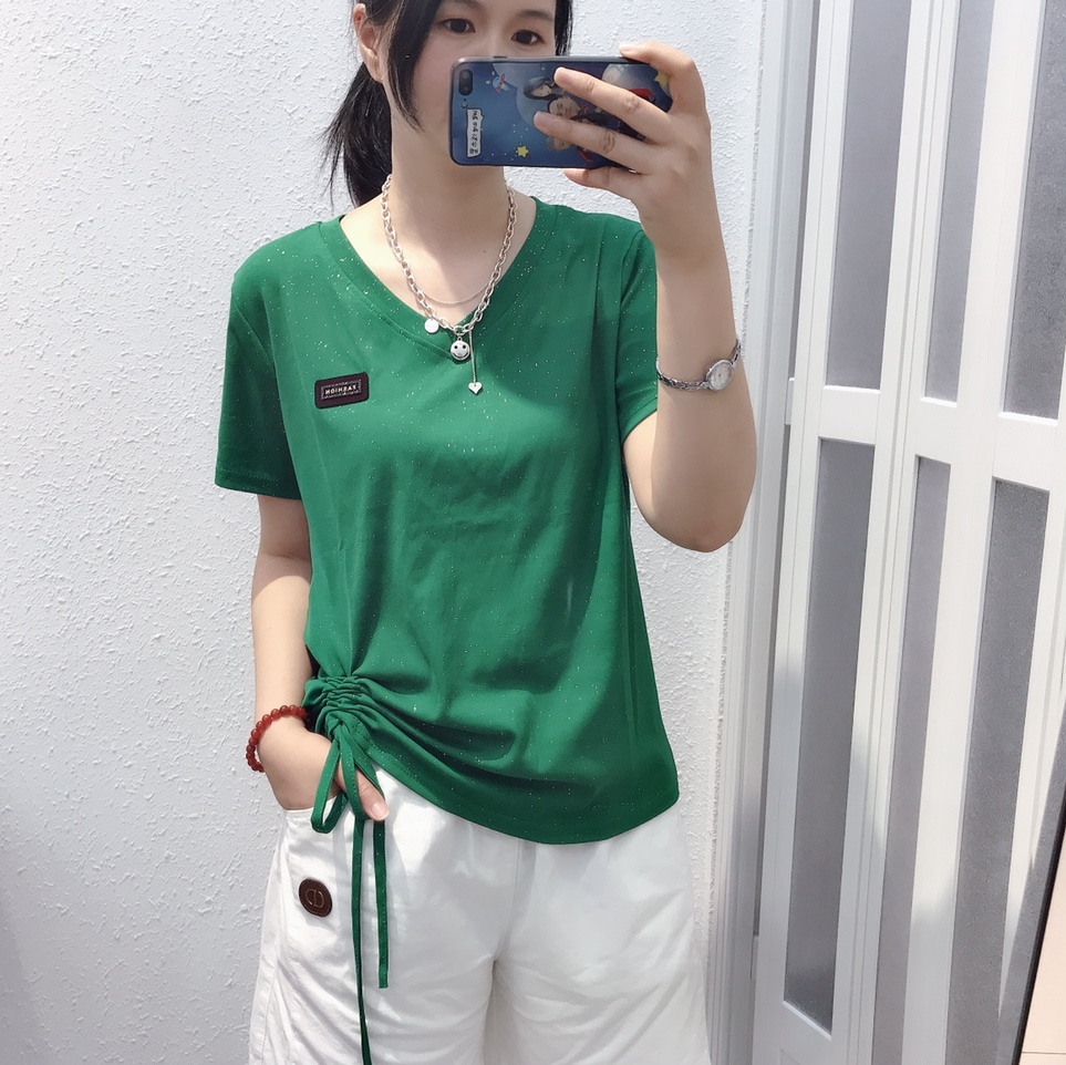 V-neck solid-color short-sleeved T-shirt for women