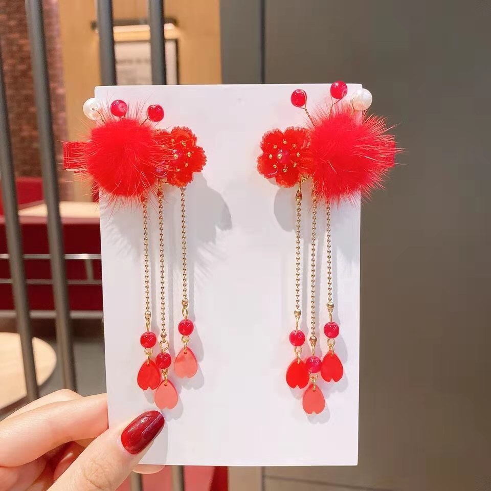 Red Rabbit Beaded Little Girl Cute Antique Fringe Hairball Rabbit Ears Hair Clip Children Hanfu Headwear Hair Card Hairpin Hairpin Headwear Aushanie 061 Discount Direct Supply Application Scenario