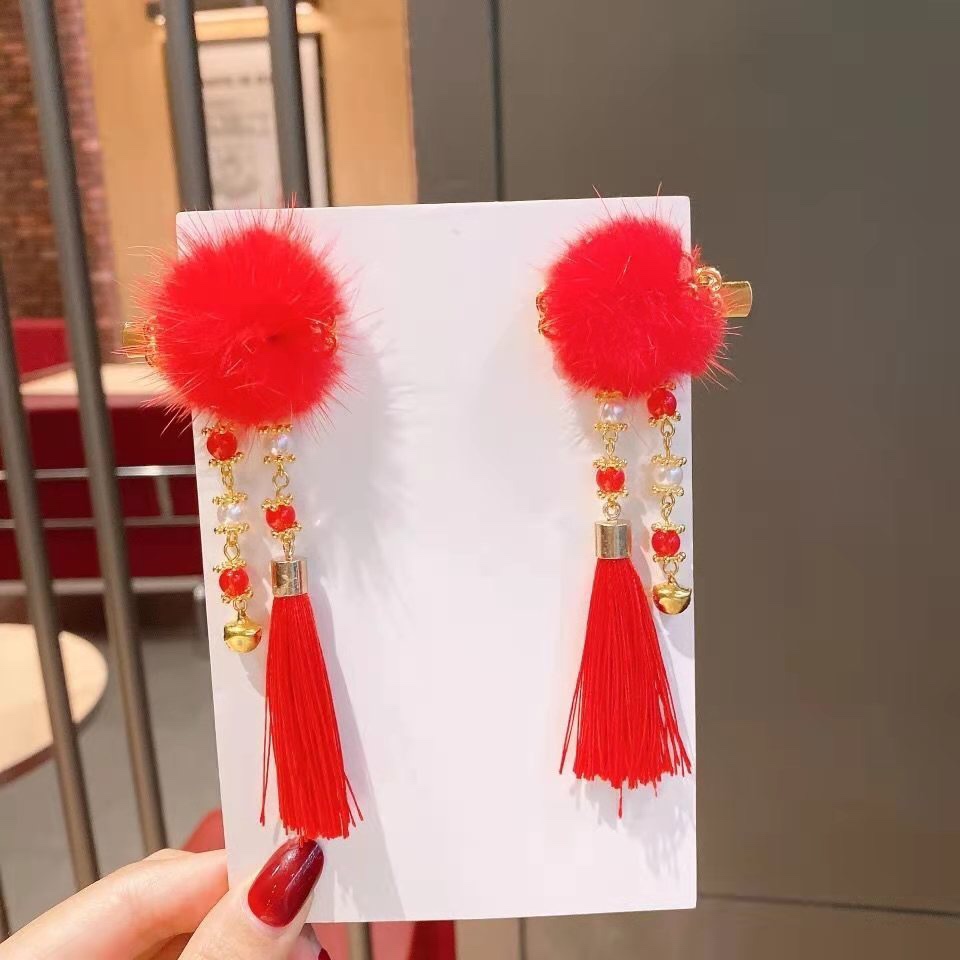Red Rabbit Beaded Little Girl Cute Antique Fringe Hairball Rabbit Ears Hair Clip Children Hanfu Headwear Hair Card Hairpin Hairpin Headwear Aushanie 061 Discount Direct Supply details Picture